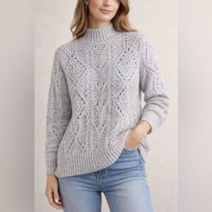 LOFT Gray Cable Knit Sweater Womens Large Mock Neck Cozy Cottagecore